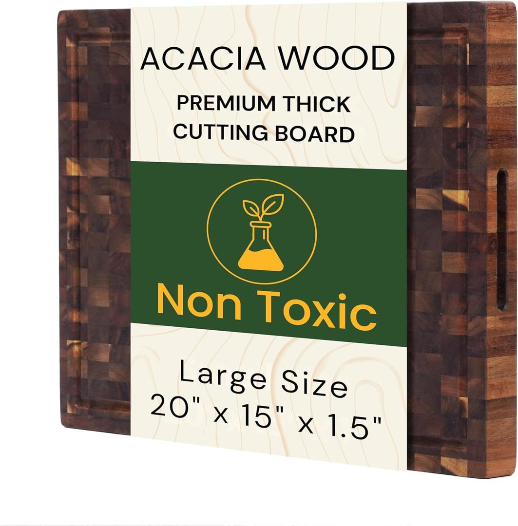 Acacia Wood End Grain Butcher Block Cutting Board 20x15x1.5 Inch for Carving Meat, Kitchen & BBQ Use. Deep Juice Groove, Built-In Handles, Thick, Knife Friendly, Non Toxic by New M Way