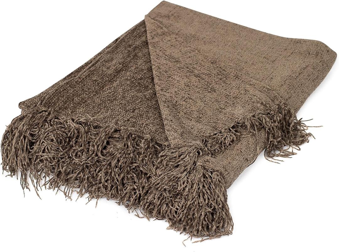 Internets Best Chenille Throw Blankets | Taupe | Ultra Soft Couch Blanket with Fringe | Light Weight Sofa Throw | 100% Microfiber Polyester | Easy Travel | Bed | 50 x 60
