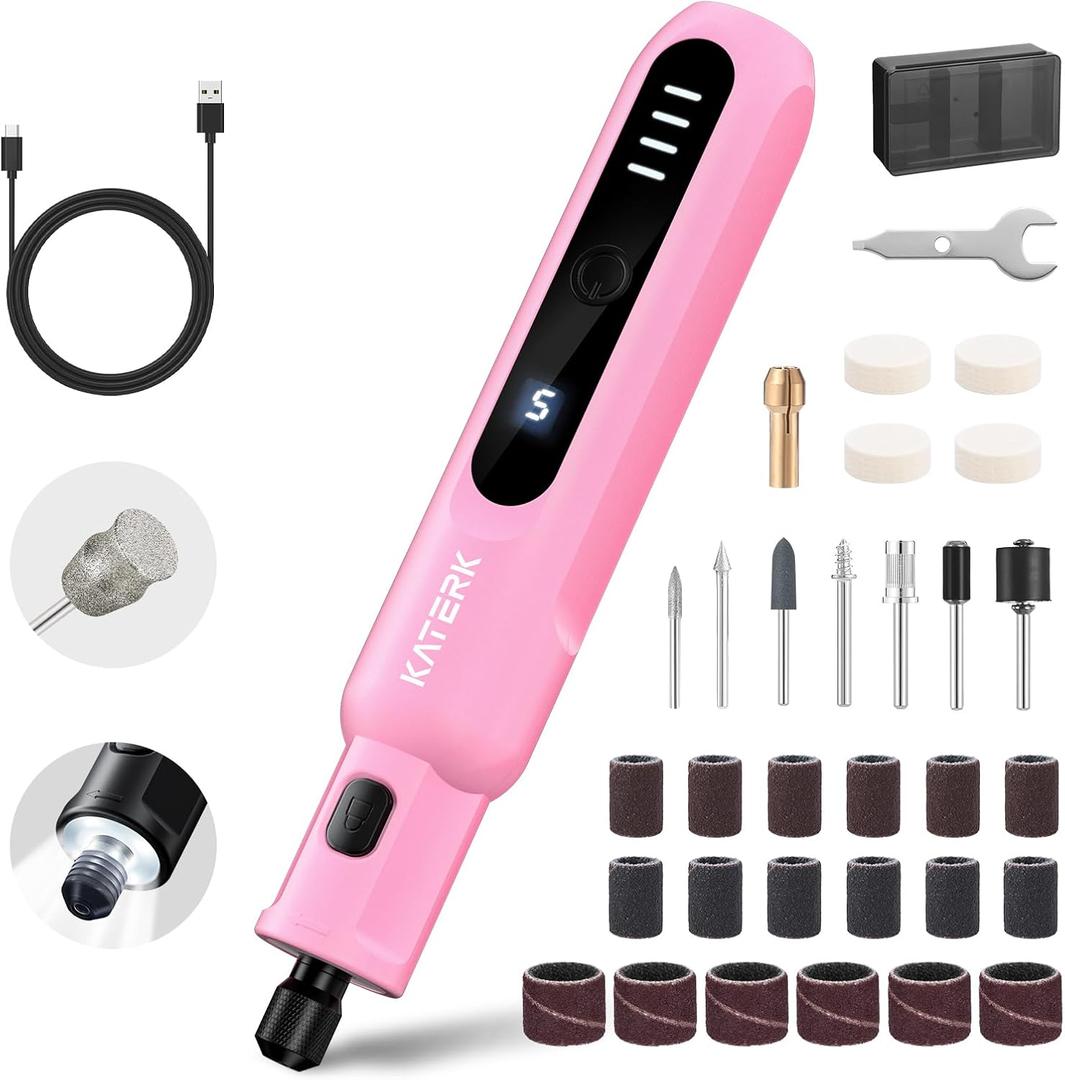 Katerk Pet Dog Nail Grinder - 5 Speed Quiet Electric Dog Nail Trimmer with 360LED Light, 2500mAh Rechargeable, 32PCS Cordless Rotary Tool for Small Medium Large Dogs & DIY Sanding, Carving (Pink)