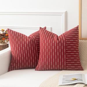 Kevin Textile Valentines Wine Red and Beige Farmhouse Striped Patchwork Linen Decorative Throw Pillows Covers 18x18, Set of 2, Modern Accent Square Cushion Covers for Couch Chair Bedroom