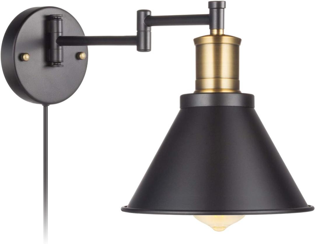 Swing Arm Wall Lamp Plug-in Cord Industrial Wall Sconce, Bronze and Black Finish,with On/Off Switch, E26 Base,1-Light Bedroom Wall Lights Fixtures,Bedside Reading Lamp