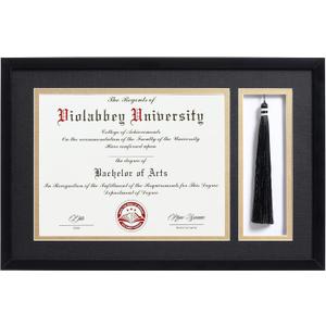 VIOLABBEY 11x17 Matte Black Diploma Frame with Tassel Holder for 8.5x11 Certificates Document, College Degree Frame for Wall Mounted (Black Gold Double Mat)
