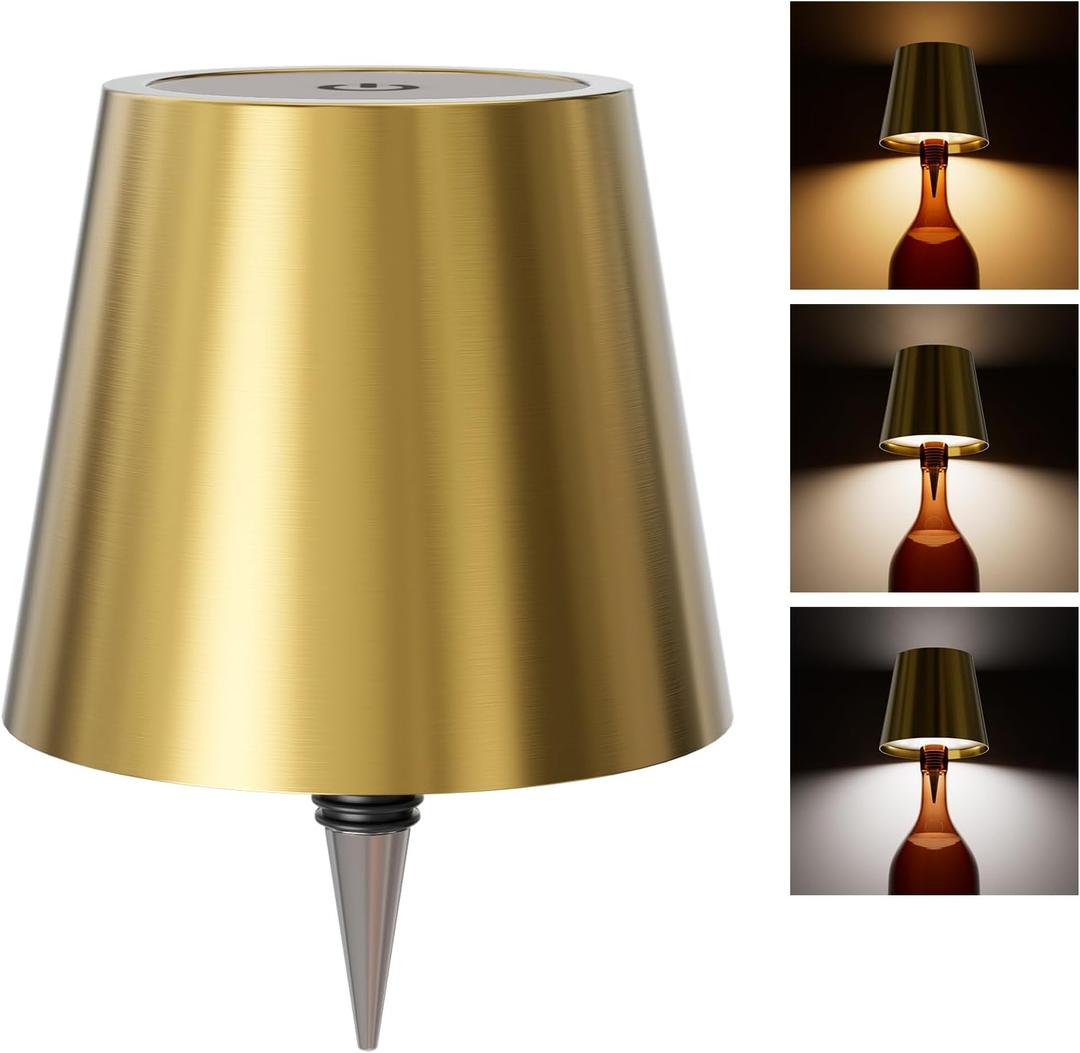Wireless Bottle Lamp, Wireless Bottle Lamp Shade with 3 Color Temperature, Rechargeable Stepless Dimming LED Wine Bottle Lights for Any Bottle, Desk Lamp for Bedroom Restaurant - Electroplating Gold