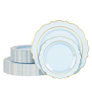 Ciselure 60PCS Blue Plastic Plates, Disposable Elegant Party Plate with Gold Rim, Heavy Duty 30 Dinner and 30 Dessert Fancy Plates for Party and Wedding