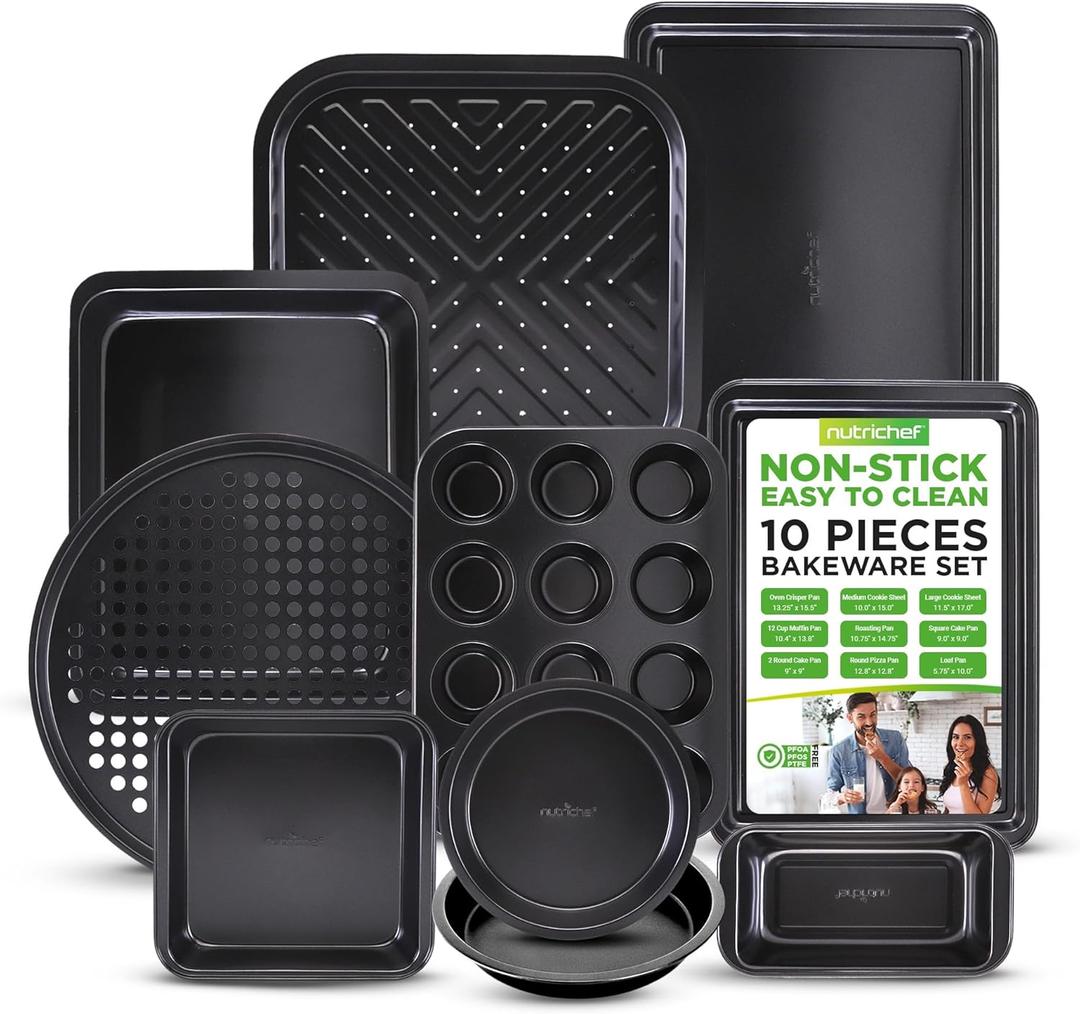 NutriChef 10-Piece Non-Stick Baking Set  Heavy-Duty Carbon Steel Bakeware Set w/ Cookie Sheets, Muffin Pan, Roasting Pan, Cake Pan, Baking Tray, Pizza Pan  Effortless Food Release & Easy Cleanup (Black)