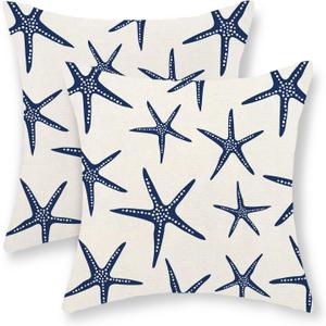 Navy Blue Starfish Pillow Covers 18x18 Inch Set of 2 Coastal Throw Pillows Spring Summer Nautical Ocean Theme Beach Decorative Pillow Cases Linen Outdoor Decor Cushion Case for Home Bedroom