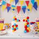 16 Pcs Happy Birthday Cake Topper Cake Bunting Topper Banner with Wood Pole Rainbow Garland with Bow Ribbon Balloon Cupcake Decor for Birthday Baby Shower (Lake Blue,Yellow,Red)