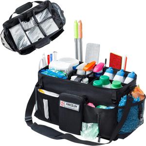Large Cleaning Supplies Organizer-Cleaning Caddy Organizer With Handles & Shoulder Strap-Cleaning Bags for Cleaning Suppliers-Housekeepers Wearable Cleaning Tote Upgraded (Black)