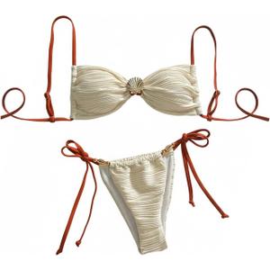 Verdusa Women's 2 Piece Textured String Bikini Sets Summer Swimsuits Beach Vacation Clothes (Medium, Beige)