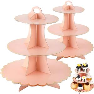 Varku 3 Tier Dessert Tray, Paper Dessert Stand with Pink Petal Edges, Easy Assembly with Central Handle, Set of 2