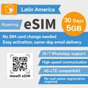 ESIM for Latin American 30 Days 5GB - 4G High-Speed Communication - Easy Activation,24/7 Whatsapp Support - for esim Compatible Unlocked Smartphones