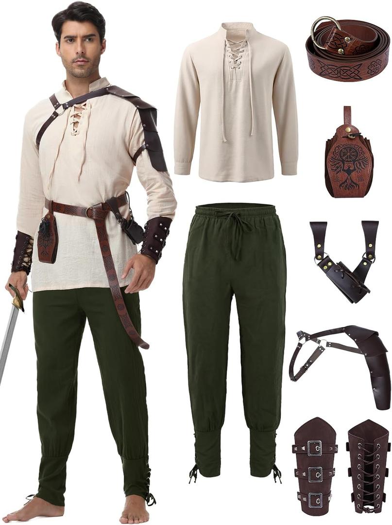 Renaissance Medieval Costume for Men - 8 Pcs Pirate Outfit Set, Halloween Costume with Viking Belt (M, White-green)