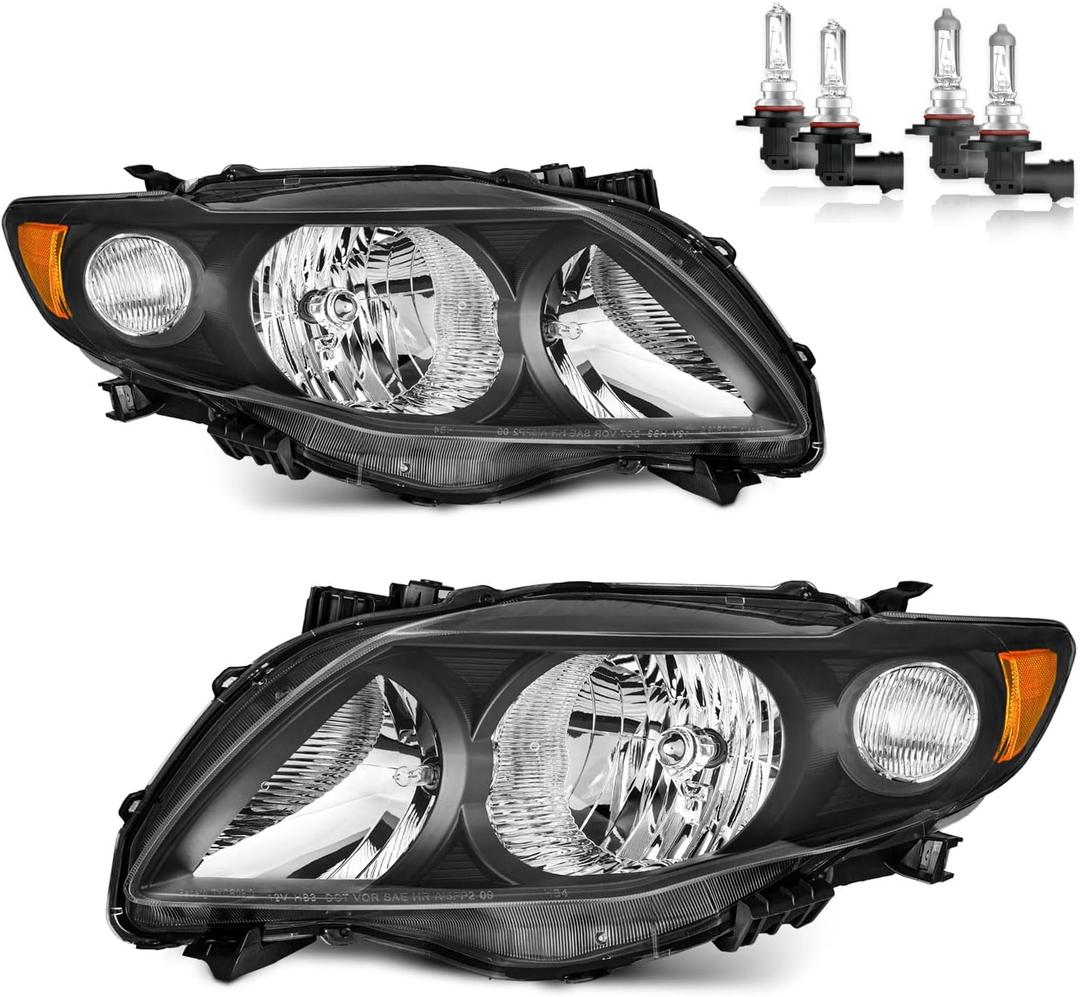 Headlights Assembly with Bulbs for 2009 2010 Toyota Corolla Halogen Headlamp Replacement Passenger and Driver Side (Black | With High & Low Beam Bulbs)