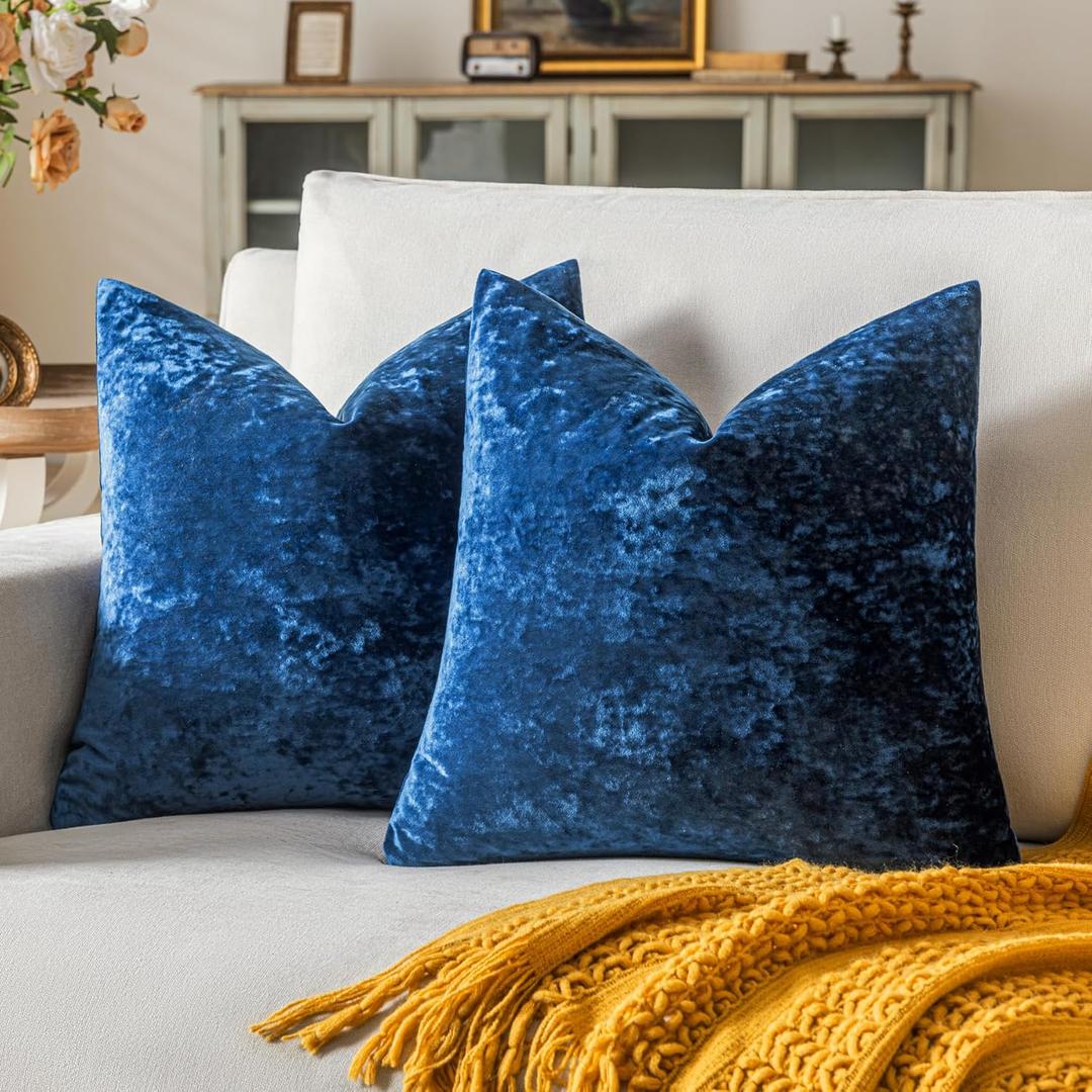 Set of 2 Navy Blue Decorative Velvet Throw Pillow Covers 20x20 Inches, Soft Neutral Accent Pillow Cases with Vintage Textured Farmhouse Couch Cushion Covers for Luxurious Home Decor