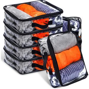 6 Pieces Large Clear Travel Packing Cube Clear Vinyl Zippered Storage Bags See Through Moving Bag PVC Multipurpose Pouch with Handle for Suitcase Shirts Dress Storage (Black, 11.8 x 10.2 x 3.9 Inch), Black 
