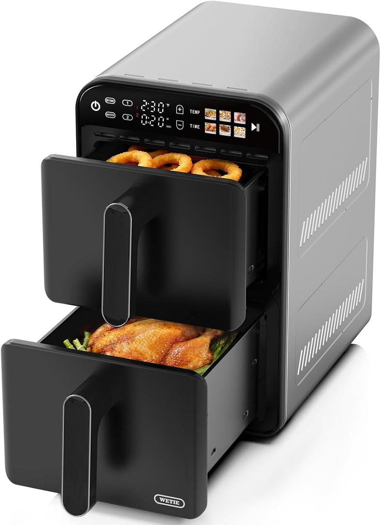 Air Fryer - Dual Basket Air Fryers, 11.6QT Double Airfryer, 2 Stacked Rack, Large Family Size, Touchscreen Controls, 6-in-1 Presets, Roast, Sync & Match Functions, Dishwasher-Safe Parts