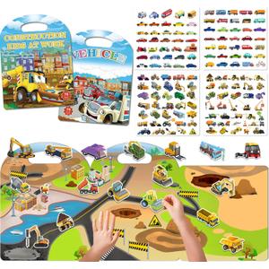 3 x 2 Sets with 140 Vehicle Stickers  Reusable Car Sticker Books for Kids Ages 3-5, Includes Excavators, Trucks, Police Cars, Tractors & Construction Stickers, Removable Travel Activity Book for Boys