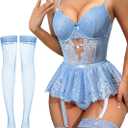 Lilosy Sexy Stocking Rhinestones Heart Garter Underwire Floral Mesh lace Sheer Babydoll Lingerie Teddy Bodysuit Skirt Set (Medium, Light Blue, Medium