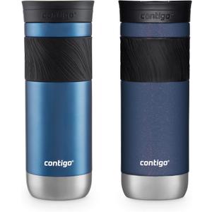 Contigo SNAPSEAL Insulated Stainless Steel Travel Mug with Grip 20oz. Blue Corn Transparent Satin & Midnight Berry, Pack of 2 
