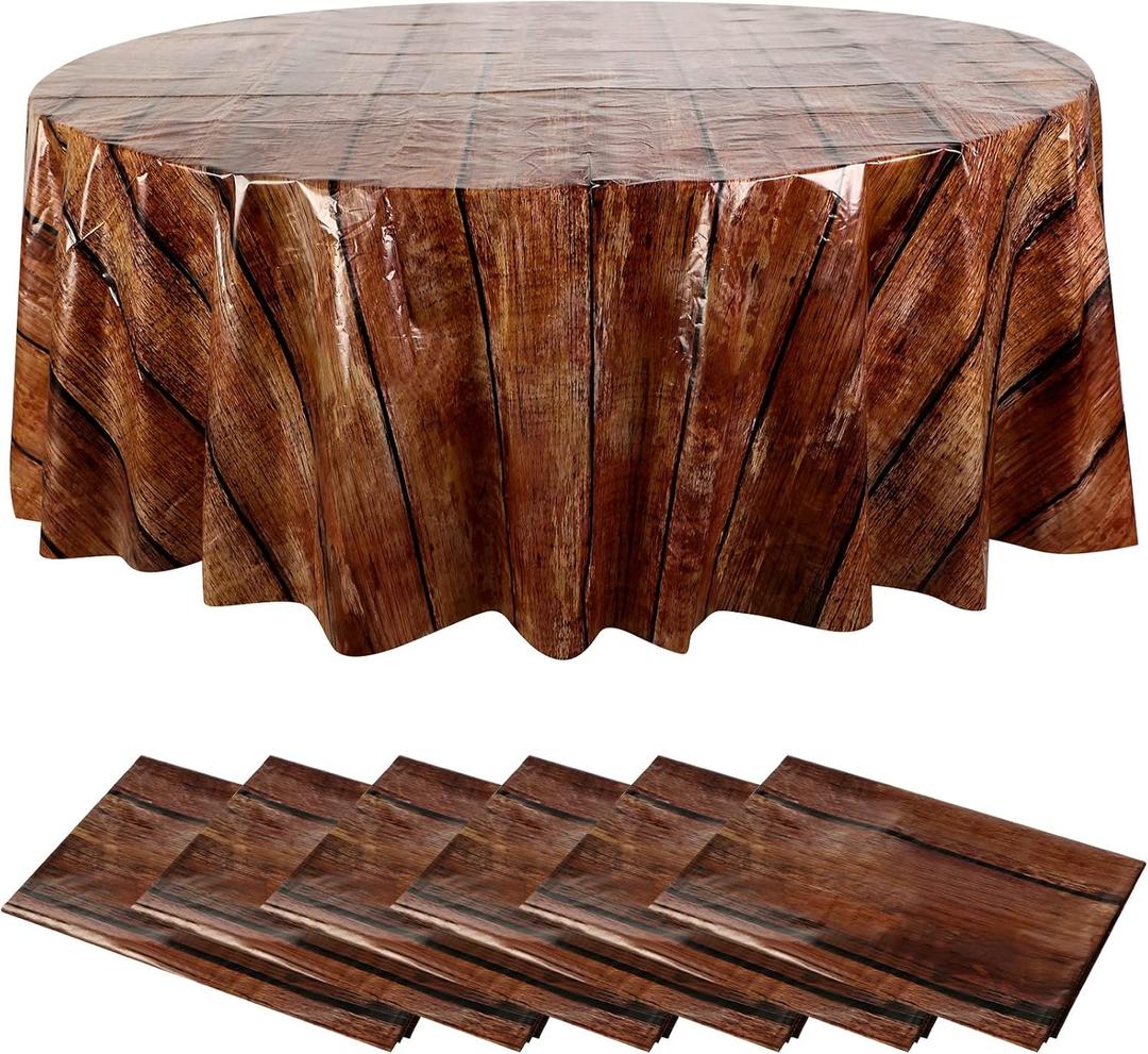 Remagr 6 Pcs Wood Grain Tablecloth 84 Inch Western Themed Party Decorations Wood Tablecloth Waterproof Polyester Table Cloth Disposable Table Cover for Birthday Cowboy Party Buffet Picnic Decor