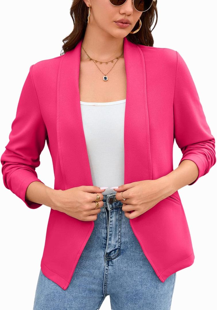 Women's Casual Blazer Long Sleeve Lightweight Open Front Blazer Work Office Blazers Jacket (Rose Red, XL)
