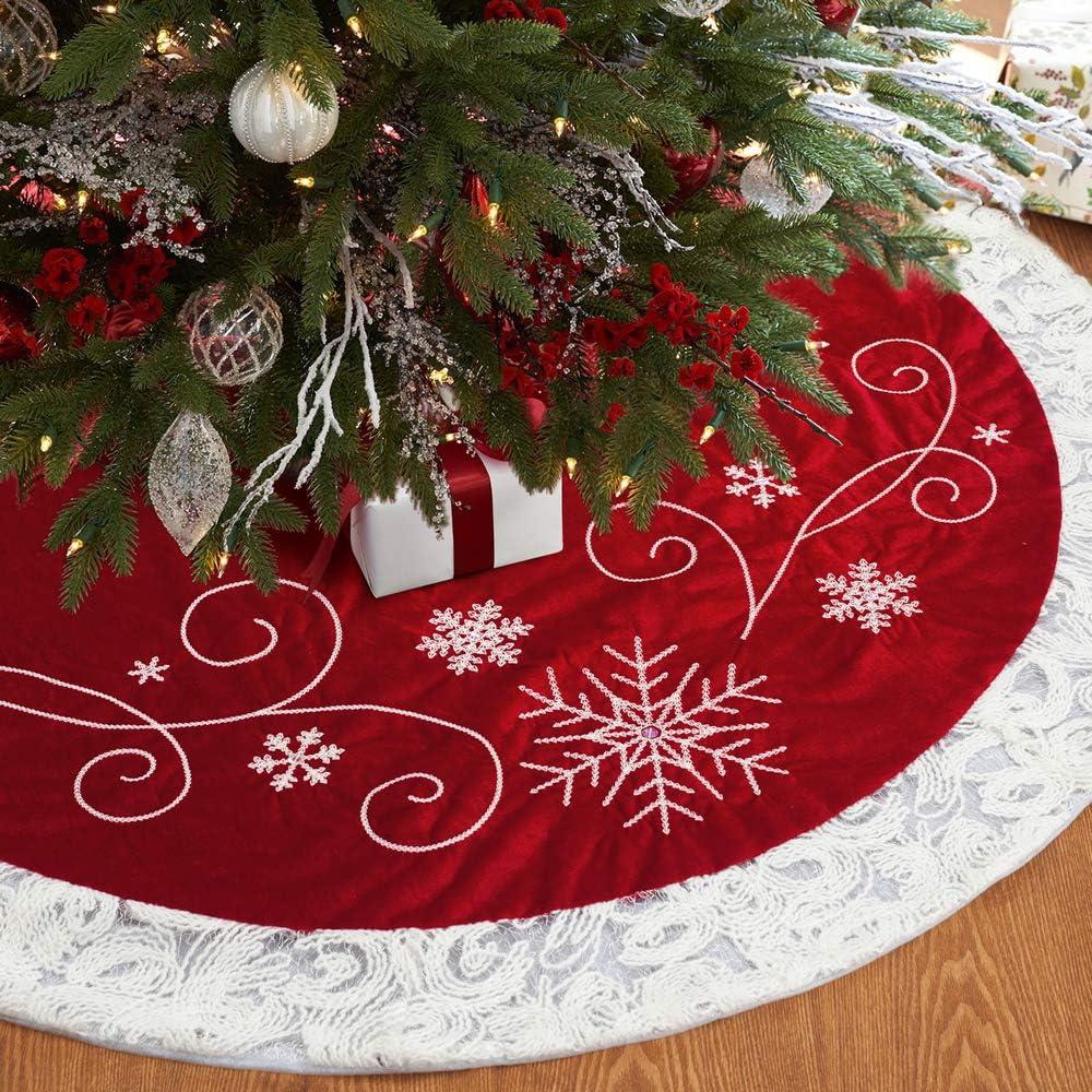 XAMSHOR Red Christmas Tree Skirt 32 Inches Snow Sequin Embroidery with White Trim Border Decor for Xmas Holiday Party Ornaments
