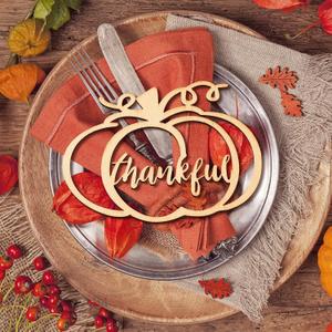 Yookeer 12 Pcs Thanksgiving Pumpkin Wooden Plate Decor Fall Thankful Grateful Blessed Place Card Settings Table Decor Thanksgiving Ideas Rustic Letter Sign(Natural Style)
