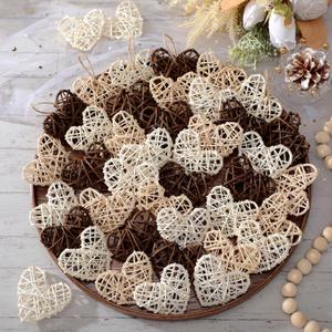 36 Pcs Neutral Valentine's Day Heart Ornaments Boho Rattan Wicker Hearts 2.36 Inch Rustic Primitive Valentine Vase Bowl Fillers Farmhouse Valentines Decorations for Tree Home Table Crafts