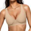 OEAK Womens Deep V Bras Wireless Comfortable Bra Supportive No Underwire Bras Tshirt Push Up Bralettes Plunge Seamless Bra (Large, Semolina)