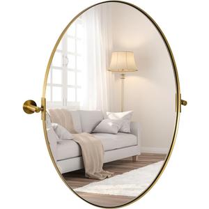 ANDY STAR Gold Bathroom Mirror, 20" x 30" Tilting Vanity Oval Mirror for Wall, Brushed Gold Stainless Steel Metal Frame Pivot Mirror Hangs Vertically Wall-Mounted