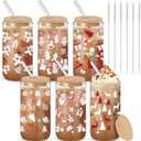 6 Pcs Christmas Glass Cups 16oz Winter Coffee Cup with Lid and Straw Santa Snowflake Tumbler Holiday Mugs Xmas Gift for Women Mom (Red and White Christmas Pattern)