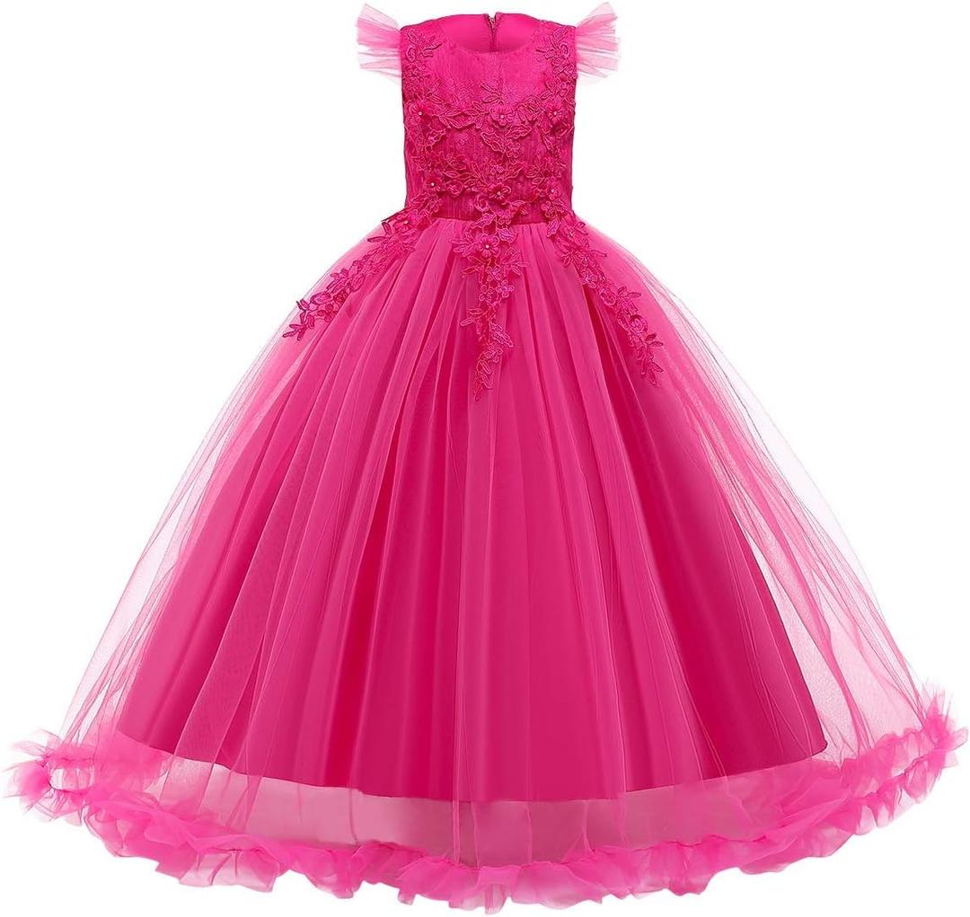 Flower Girls Maxi Dress Bridesmaid Wedding Pageant Party Princess Communion Floral Boho Vintage Lace Dance Gown, 7-8Y