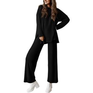 PRETTYGARDEN Women's Two Piece Lounge Sets Matching Long Sleeve Shirts Wide Leg Pants Tracksuits Travel Outfits Fall Clothes (Medium, Black)