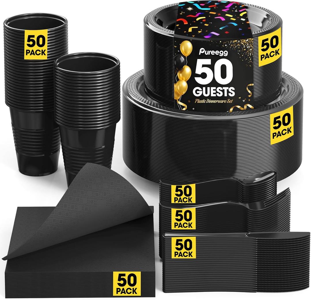 Pureegg Black Plastic Plates Set - 350 Pcs Complete Dinnerware Sets for 50 Guests, Disposable Plates, Utensils, Cups, Napkins Included, for Party, Gathering, Wedding, Daily Use