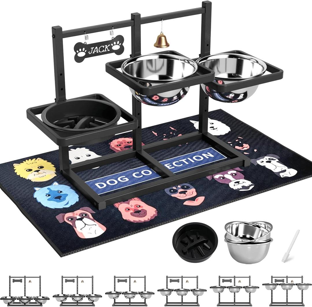 Elevated Dog Bowl Stand for Medium/Large Dogs with Slow Feeder & Mat, Adjustable Height 3.9'',5.5'',7.1'',8.7'',10.2'',11.8'', 58oz Raised Triple Dog Food Water Bowls (Black&Blue&Red)