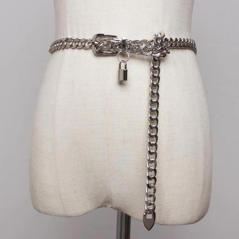 Silver Chain Belt Lock Metal Belts For Women Cuban Key Chains Silver Punks Dress Waistband Long Ketting Riem Cummerbunds286J