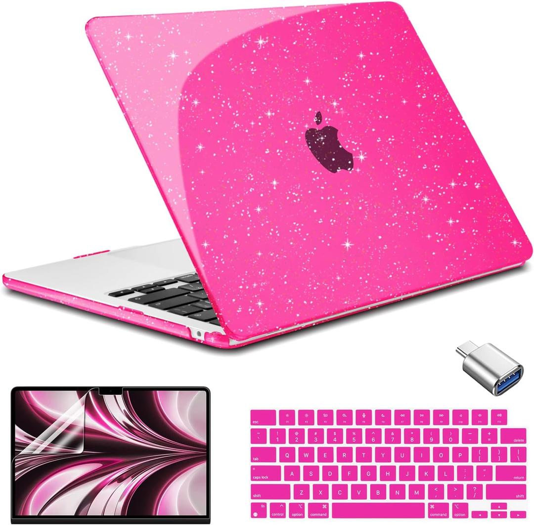 Compatible with MacBook Air 13.6 inch Case 2025 2024 M4 A3240 M3 A3113 2022 M2 A2681, Sparkly Hard Shell Case & Keyboard Cover Screen Protector Type C Adapter, Glitter Rose