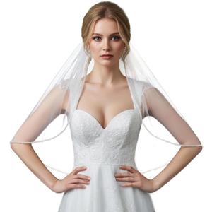 Wedding Veil for Bride 1 Tier Bridal Veil with Crystals Beaded Edge for Women and Brides (White)