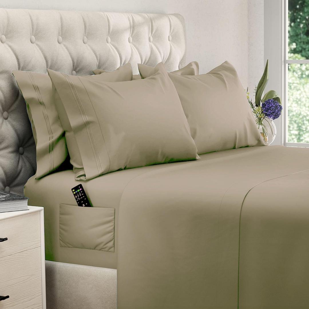 DREAMCARE Queen Sheet Set - 6 pcs Breathable Cooling Bed Sheets - up to 15" Deep Pocket Queen Sheets Set with Side Pockets - Extra Soft 100% Brushed Hypoallergenic Hotel Luxury Bedding - Eucalyptus