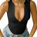 MISSJOY Women's Zipper Sexy V Neck Sleeveless Ribbed Slimming Basic Bodysuit Tops T Shirts (Large, Sleeveless Black)