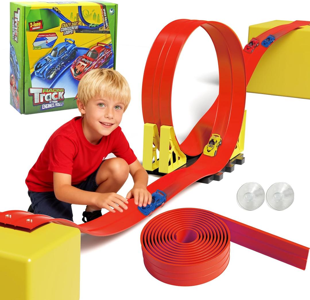 20ft Build Anywhere Portable Race Track with Suction Cups - Flexible Roll-Up Design Fits 1/64 Scale Cars, Portable Toy Gift for Kids 4+ Year Old