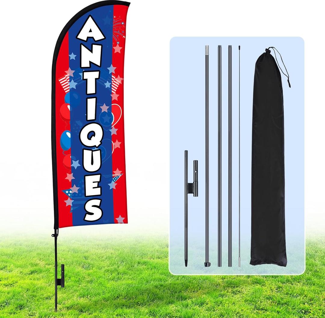 Buryeah 15ft Antiques Flags for Businesses Feather Flag Sign with Flagpole Ground Stake Portable Bag Antiques Signs Banner Set for Outside Business (multicBlue)