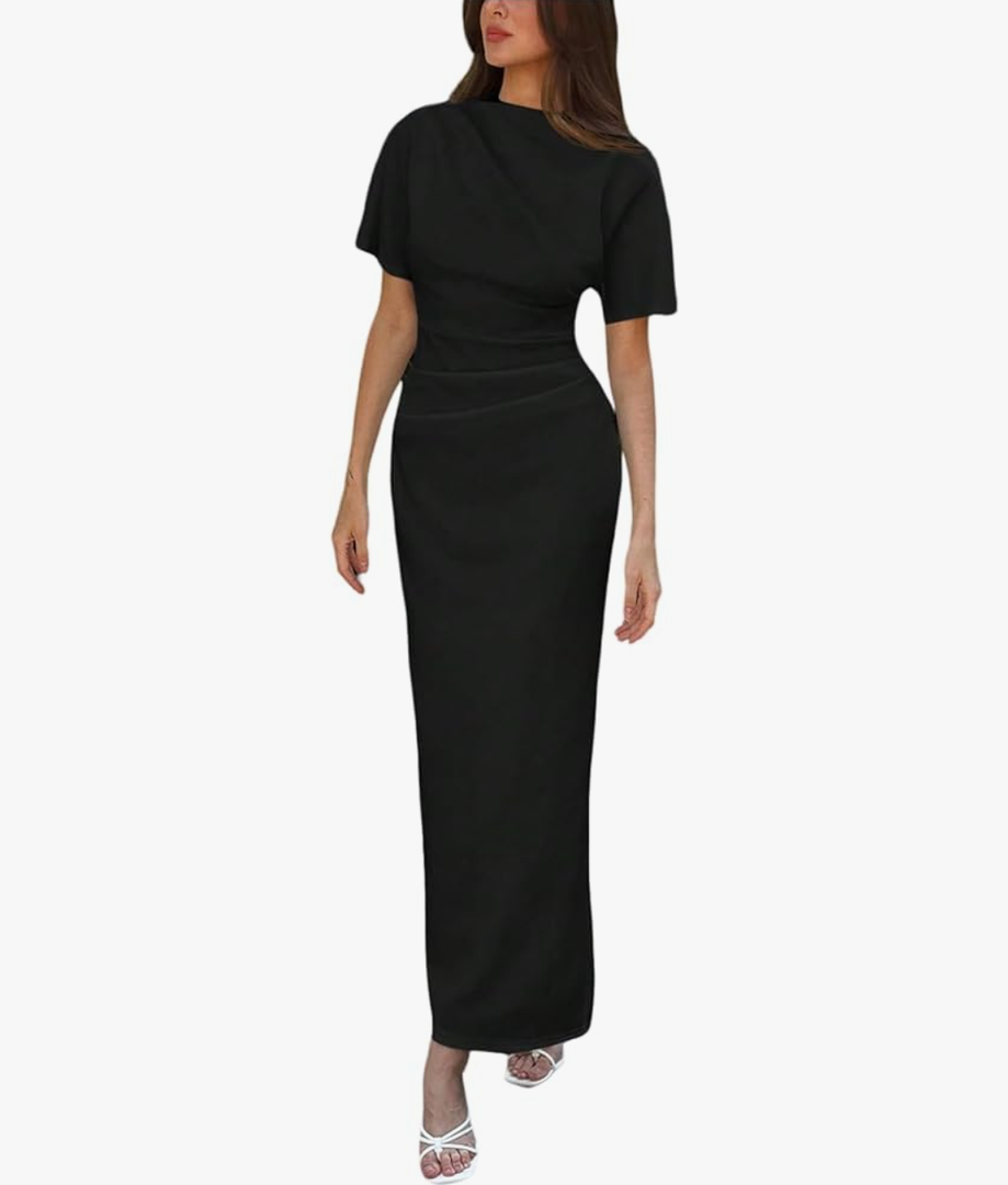 Milumia Women's Short Sleeve Dress Cinched Waist Ruched Elegant Bodycon Long Party Dresses, M