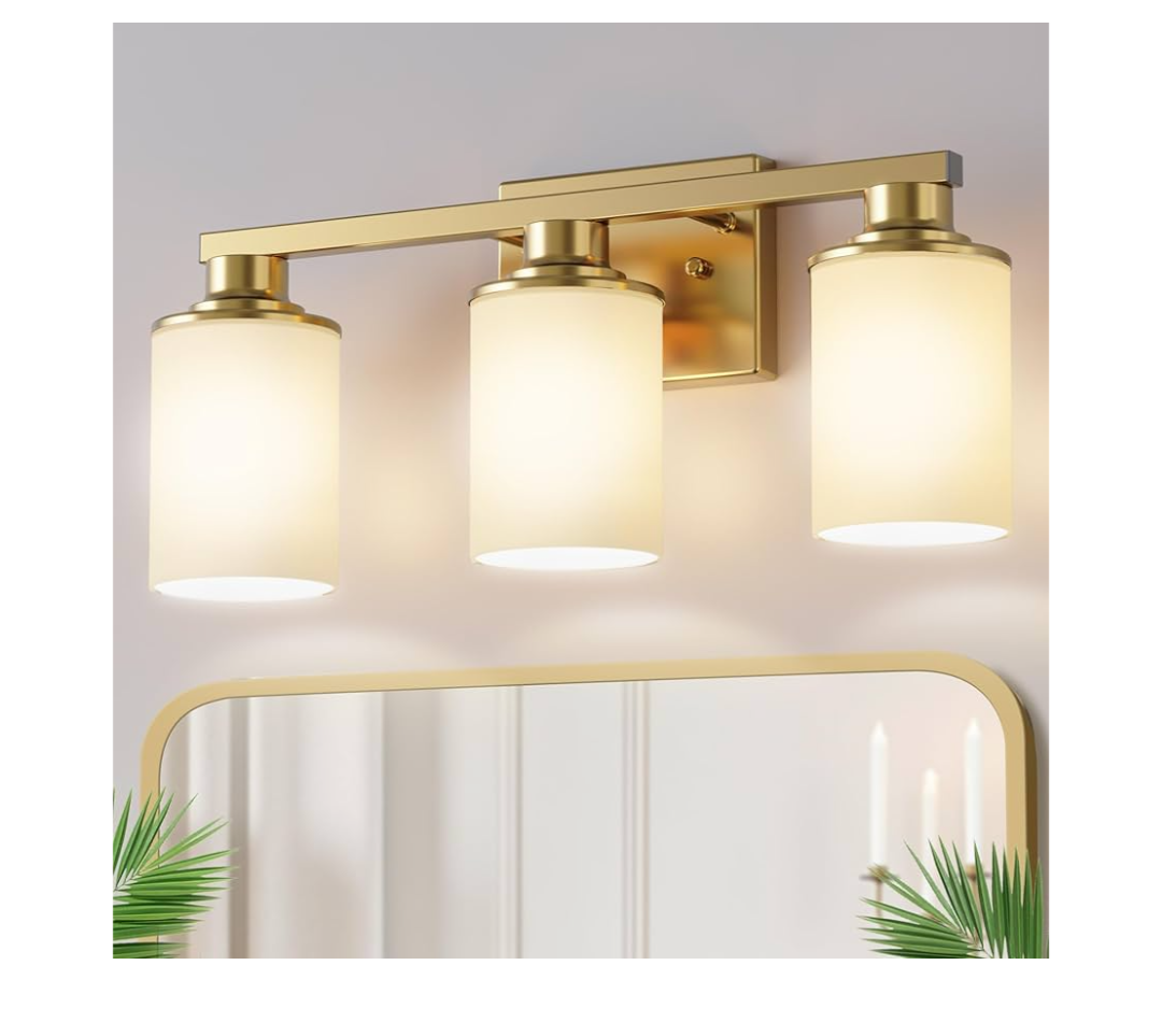 17 Inch Bathroom Light Fixtures, 3-Light Brass Bathroom Lighting Fixtures Over Mirror with Milk Glass Shade, Vanity Lights for Living Room Bedroom