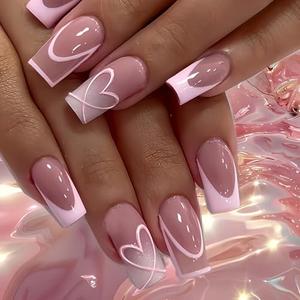 24Pcs Valentines Day Press on Nails Medium Square WLGDLH Pink French Fake Nails with Pink Heart Design Nude False Nails Small Nail Tips Acrylic Glue on Nails Glossy Stick on Nail for Women