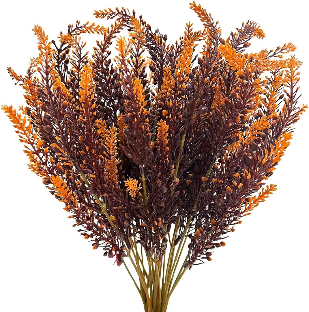 TURNMEON 10 Bundles Artificial Fall Flowers for Outdoors Fall Decorations, UV Resistant Artificial Lavender Plastic Flowers Faux Fall Plants Fake Mums Autumn Thanksgiving Decor Porch Home Gardens (Orange)