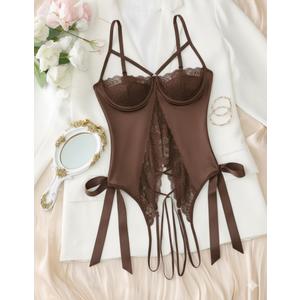 Avidlove Sexy Lingerie for Women One Piece Lingerie Cutout Teddy Underwire Bodysuits Mini Lace Leather Body Suit Lace-Up Back, XL