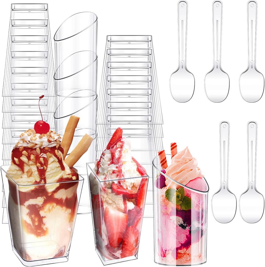 Funtery 300 Pack Mini Dessert Cups with Spoons Bulk Clear Plastic Slanted Round Parfait Appetizer Cup for Desserts Shooters(3oz, 5oz,Round, Square, Square)