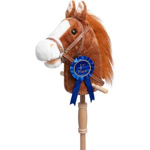 HollyHOME Stick Horse Plush with Detachable Blue Ribbon Champion Hobby Horse on Stick with Wood Wheels Real Pony Neighing and Galloping Sounds for Kids Toddlers Brown 36 Inches(AA Batteries Required)