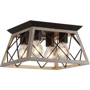 Q&S Farmhouse Ceiling Light Oak Semi Flush Mount Vintage 4-Light Square Rustic Island Light Fixtures for Entryway Hallway Dining Room Living Room Bedroom